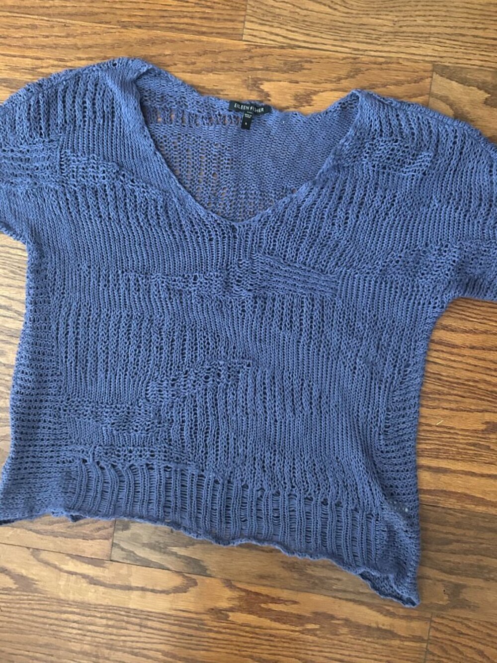 Eileen Fisher Blue Angel Cotton Metallic Stitch Crochet Sweater Top Size Small - Picture 12 of 13
